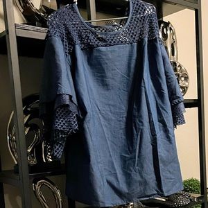 Blue denim mesh layered sleeves